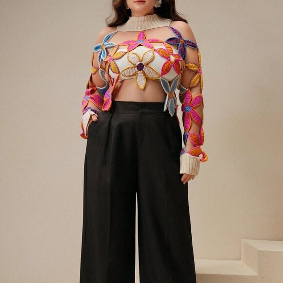 Apricot Casual Women's Plus Size Floral Crochet Hollow Out Sexy Sweater - Picture 3 of 5